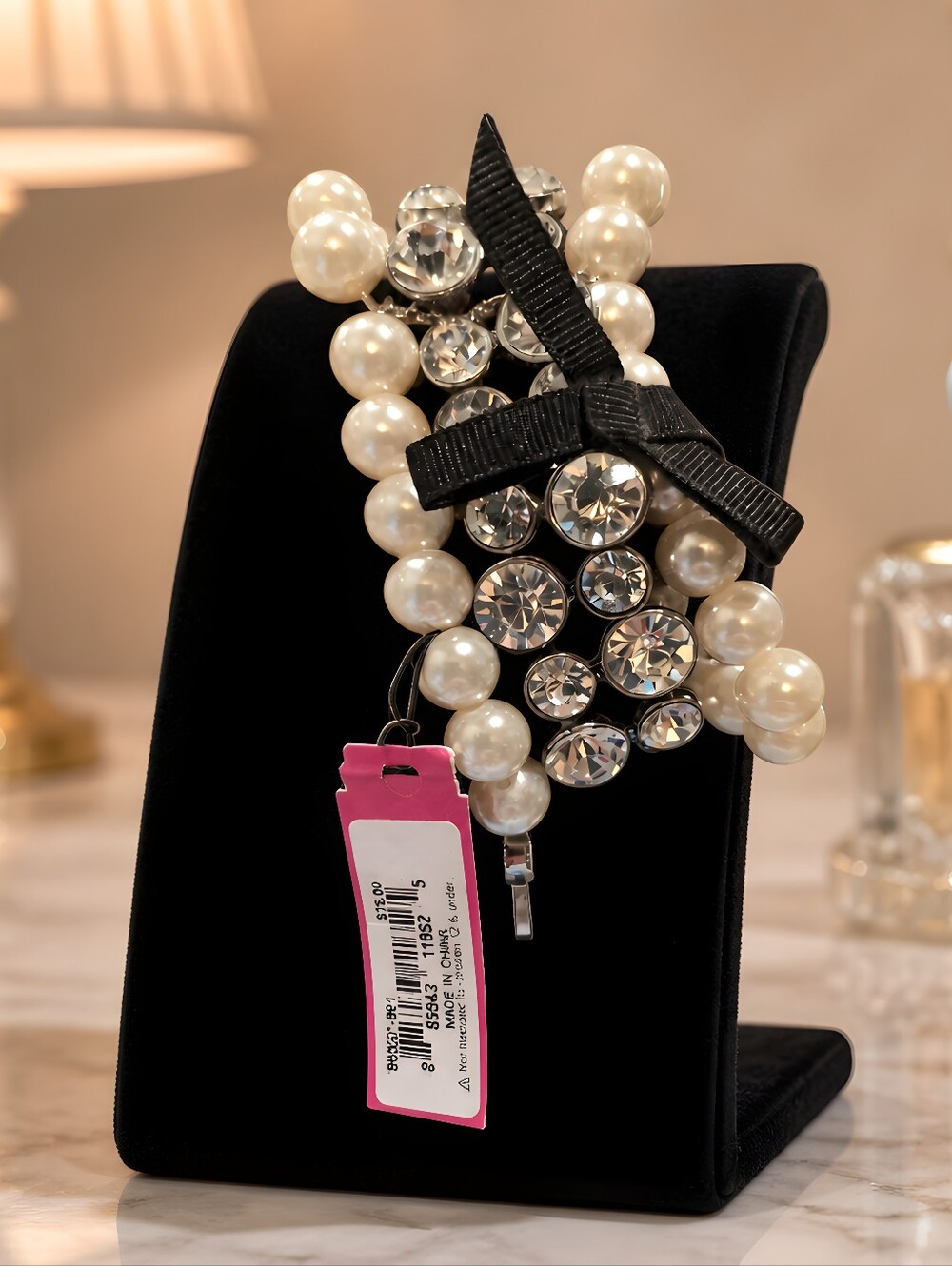 Betsey Johnson Vintage Pearls Crystals Iconic Key" multi-strand stretch bracelet